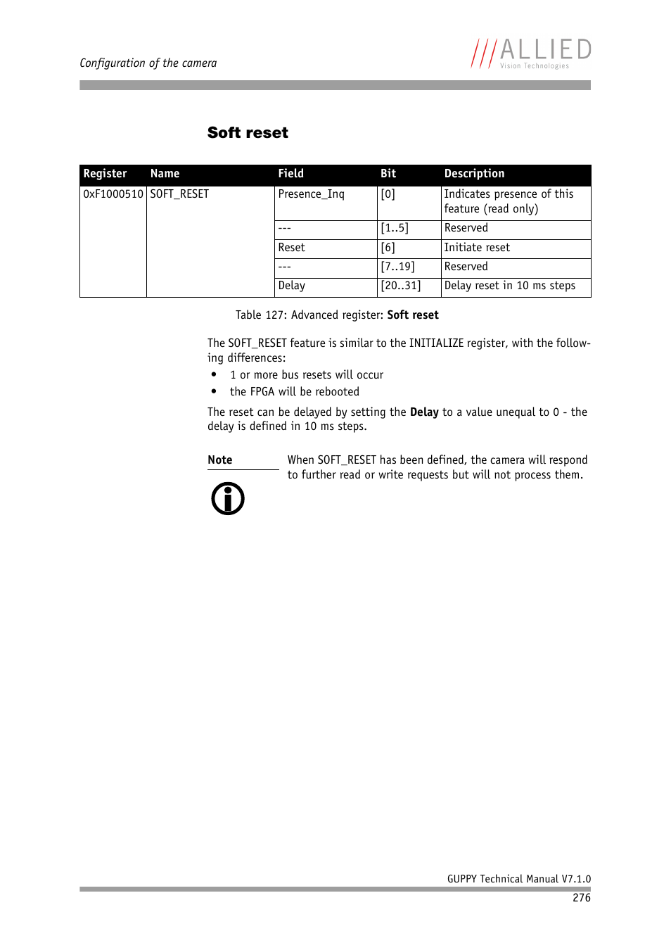 Soft reset, Table 127: advanced register: soft reset | ALLIED Vision Technologies Guppy F-503 User Manual | Page 276 / 293