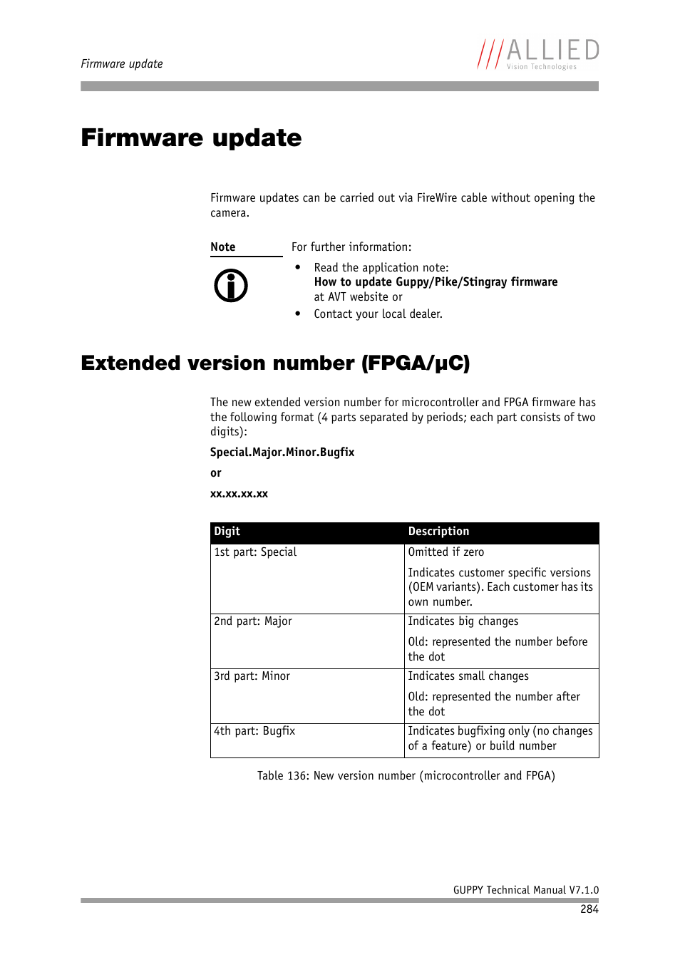 Firmware update, Extended version number (fpga/µc), Ised chapter | D chapter, Chapter | ALLIED Vision Technologies Guppy F-503 User Manual | Page 284 / 293