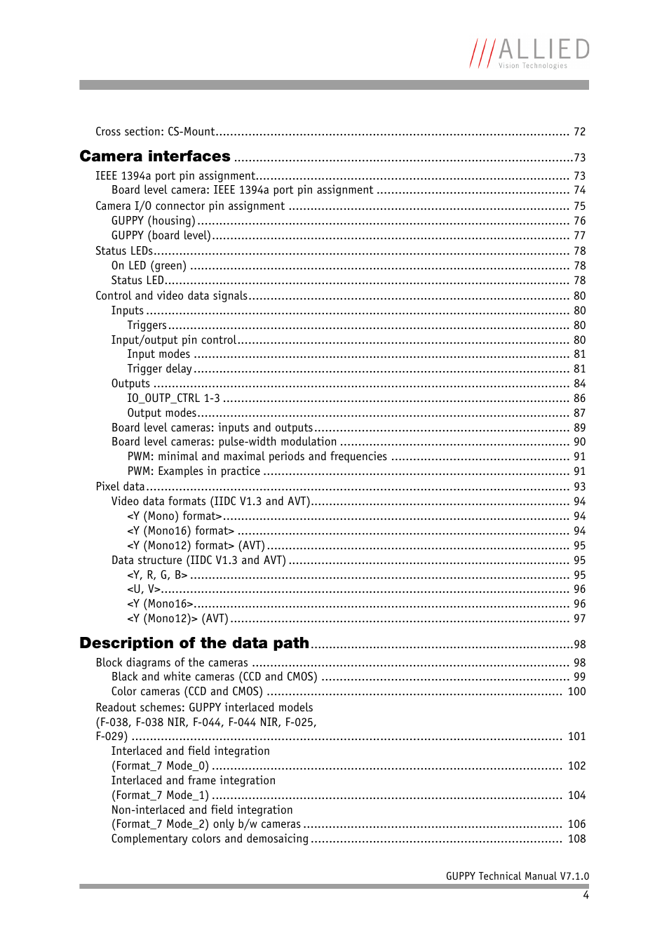 Camera interfaces, Description of the data path | ALLIED Vision Technologies Guppy F-503 User Manual | Page 4 / 293