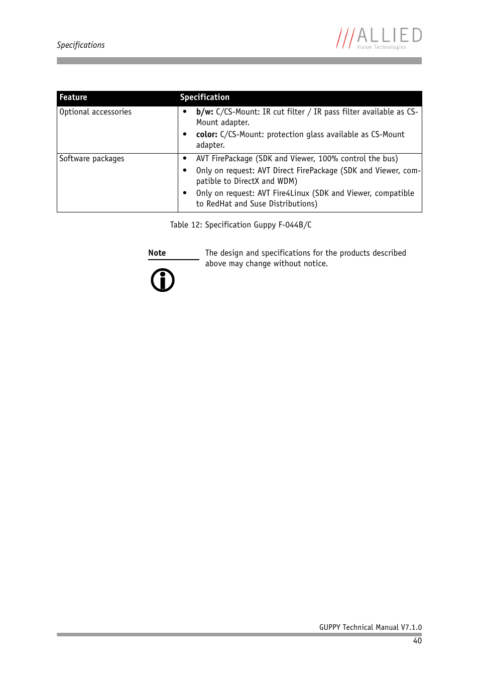 ALLIED Vision Technologies Guppy F-503 User Manual | Page 40 / 293