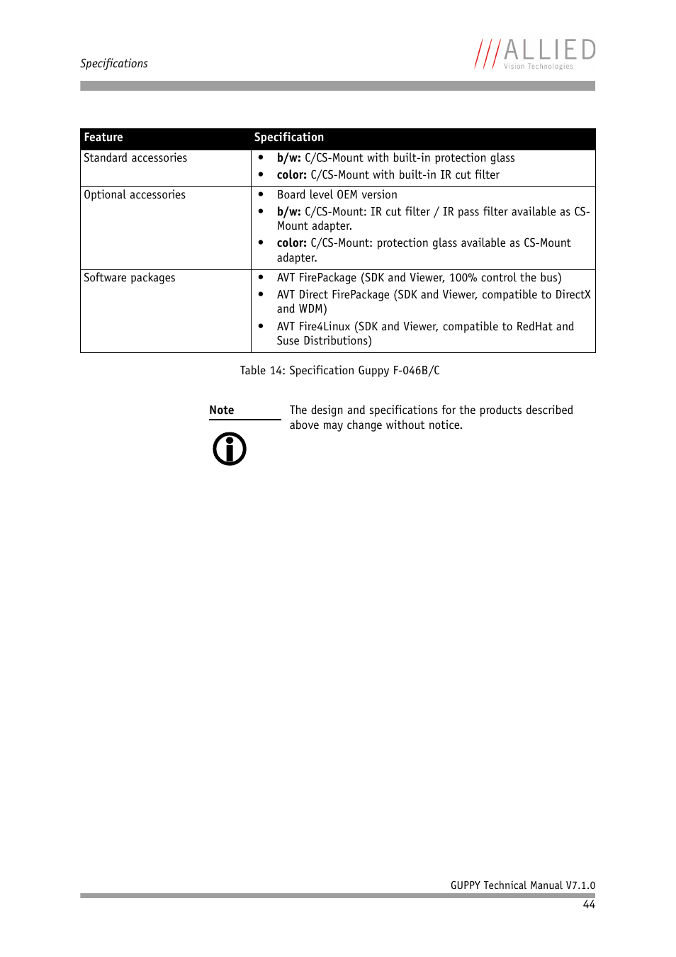 ALLIED Vision Technologies Guppy F-503 User Manual | Page 44 / 293