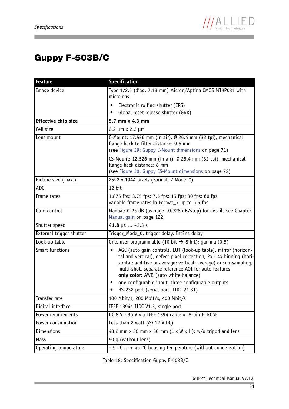 Guppy f-503b/c, Chapter, Specification guppy f-503b/c | Table | ALLIED Vision Technologies Guppy F-503 User Manual | Page 51 / 293