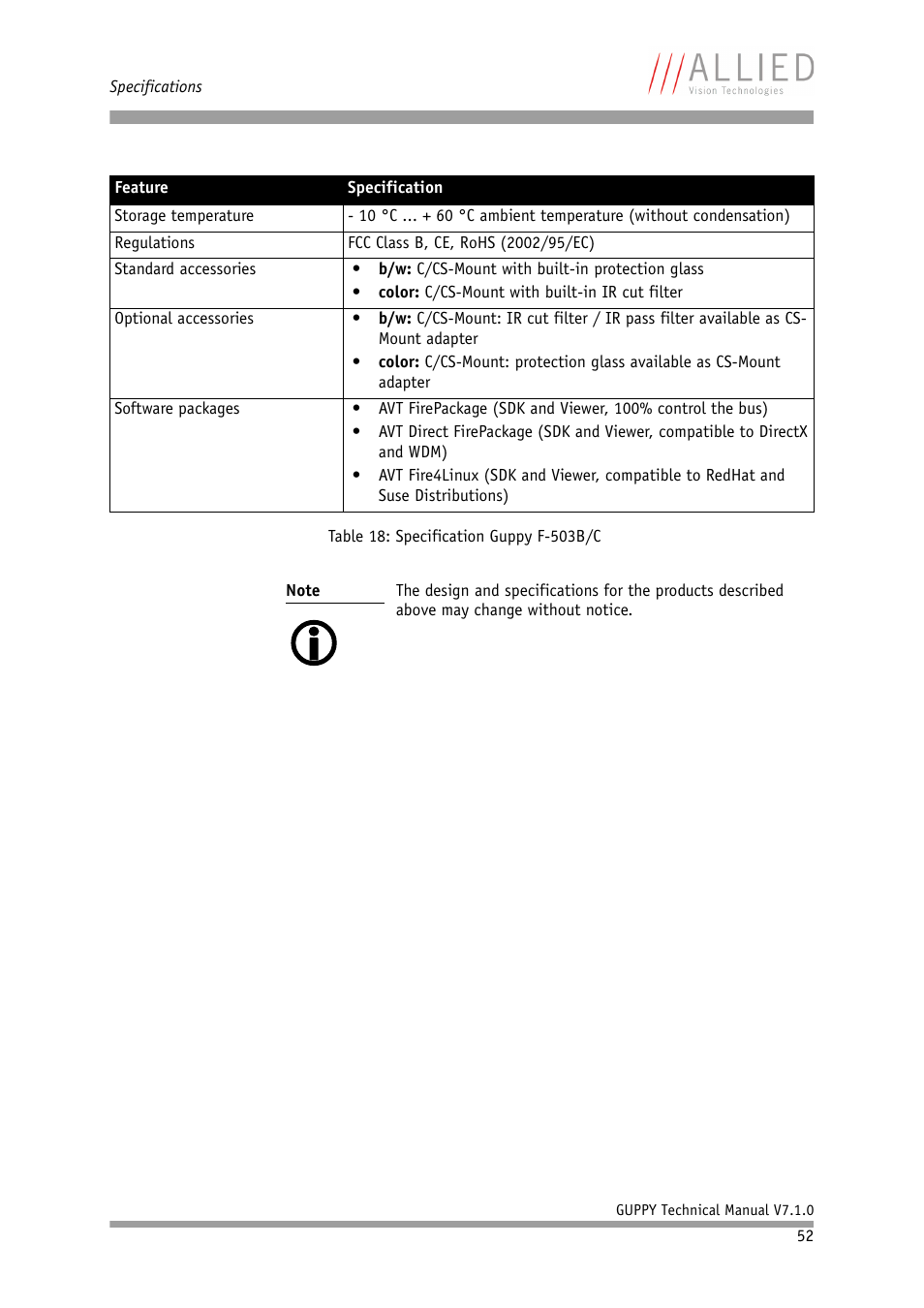 ALLIED Vision Technologies Guppy F-503 User Manual | Page 52 / 293