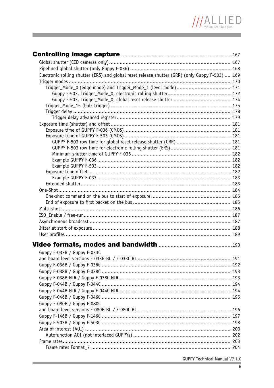 Controlling image capture, Video formats, modes and bandwidth | ALLIED Vision Technologies Guppy F-503 User Manual | Page 6 / 293