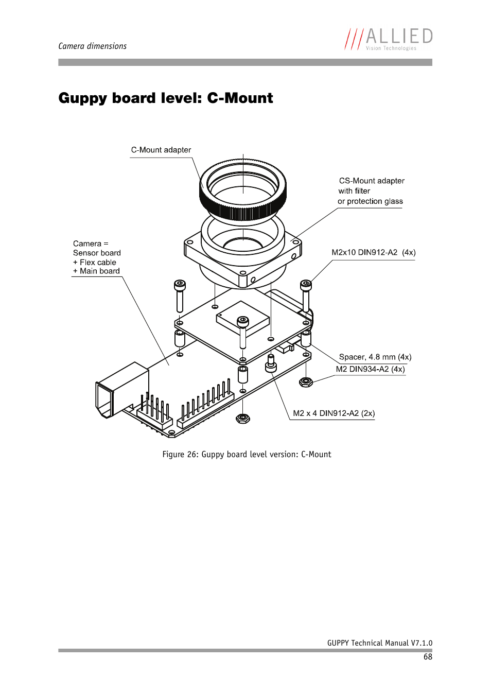 Guppy board level: c-mount, Figure 26: guppy board level version: c-mount | ALLIED Vision Technologies Guppy F-503 User Manual | Page 68 / 293