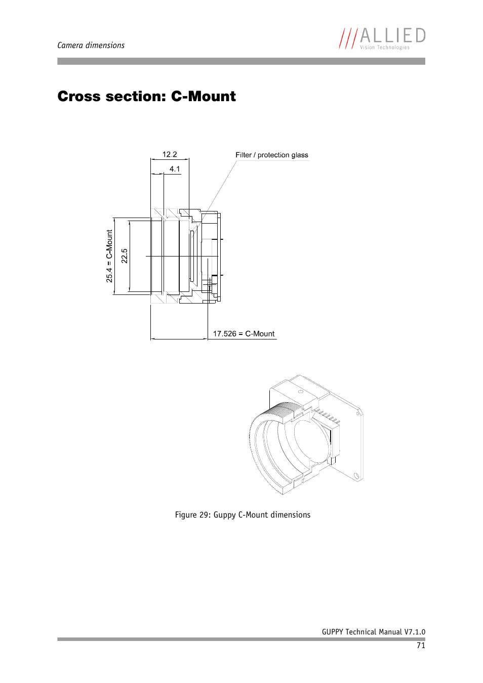 Cross section: c-mount, G in, Figure 29: guppy c-mount dimensions | ALLIED Vision Technologies Guppy F-503 User Manual | Page 71 / 293