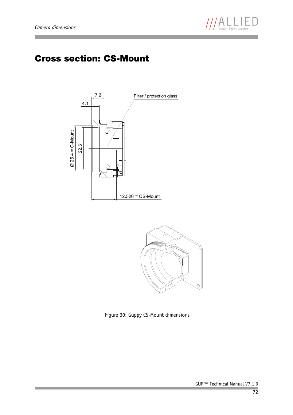 Cross section: cs-mount, Figure 30: guppy cs-mount dimensions | ALLIED Vision Technologies Guppy F-503 User Manual | Page 72 / 293