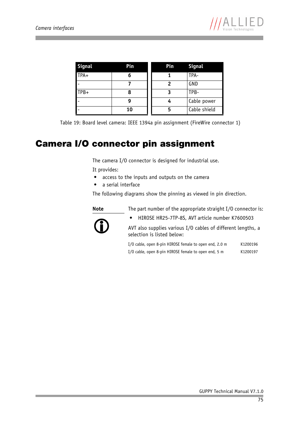 Camera i/o connector pin assignment, In chapter, Camera i/o connector pin assign | Ment | ALLIED Vision Technologies Guppy F-503 User Manual | Page 75 / 293