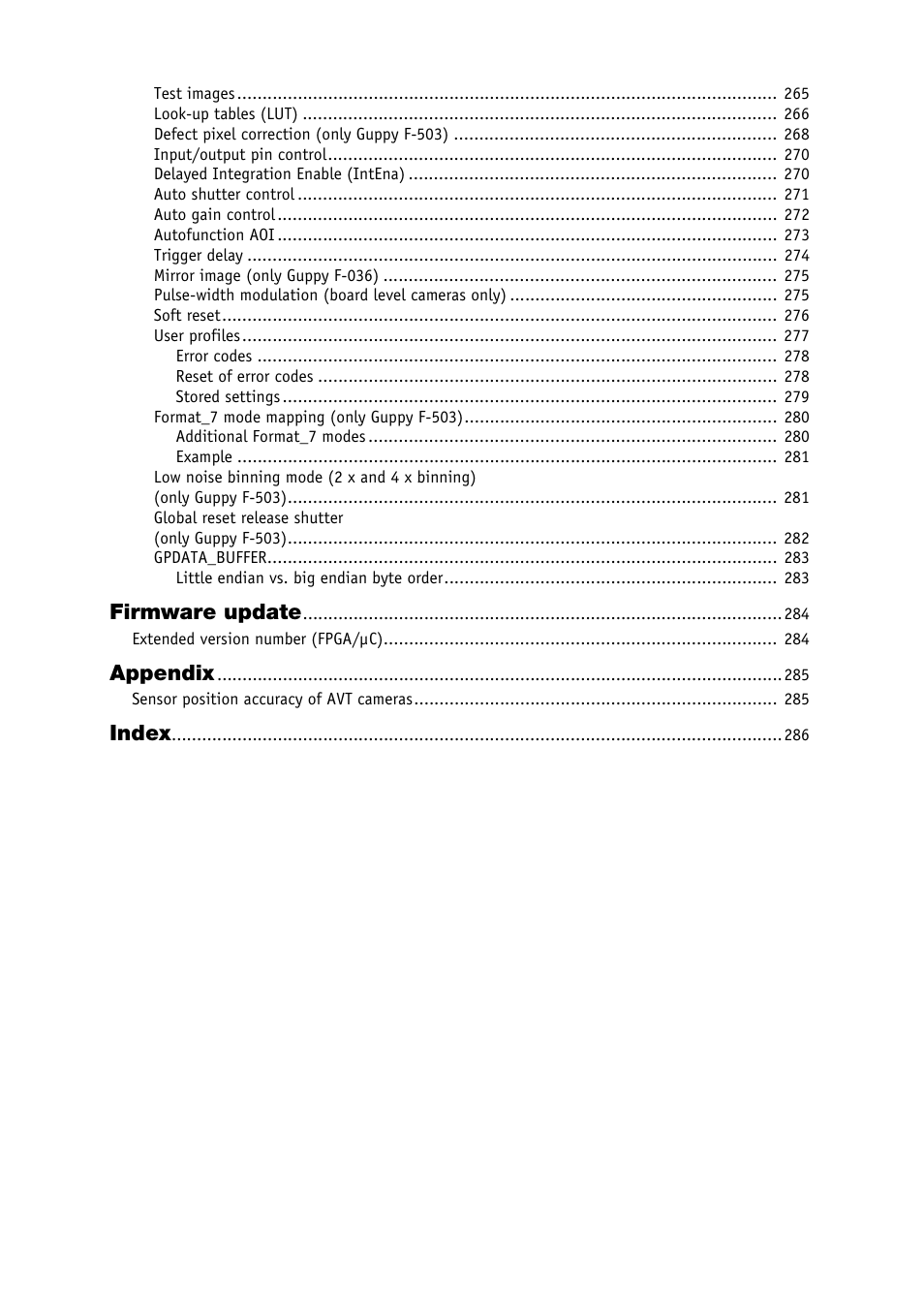 Firmware update, Appendix, Index | ALLIED Vision Technologies Guppy F-503 User Manual | Page 8 / 293