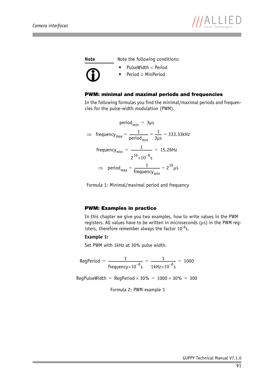 Pwm: minimal and maximal periods and frequencies, Pwm: examples in practice | ALLIED Vision Technologies Guppy F-503 User Manual | Page 91 / 293