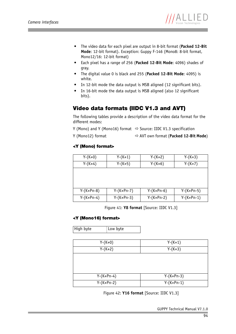 Video data formats (iidc v1.3 and avt), Y (mono) format, Y (mono16) format | Y (mono) format> <y (mono16) format | ALLIED Vision Technologies Guppy F-503 User Manual | Page 94 / 293