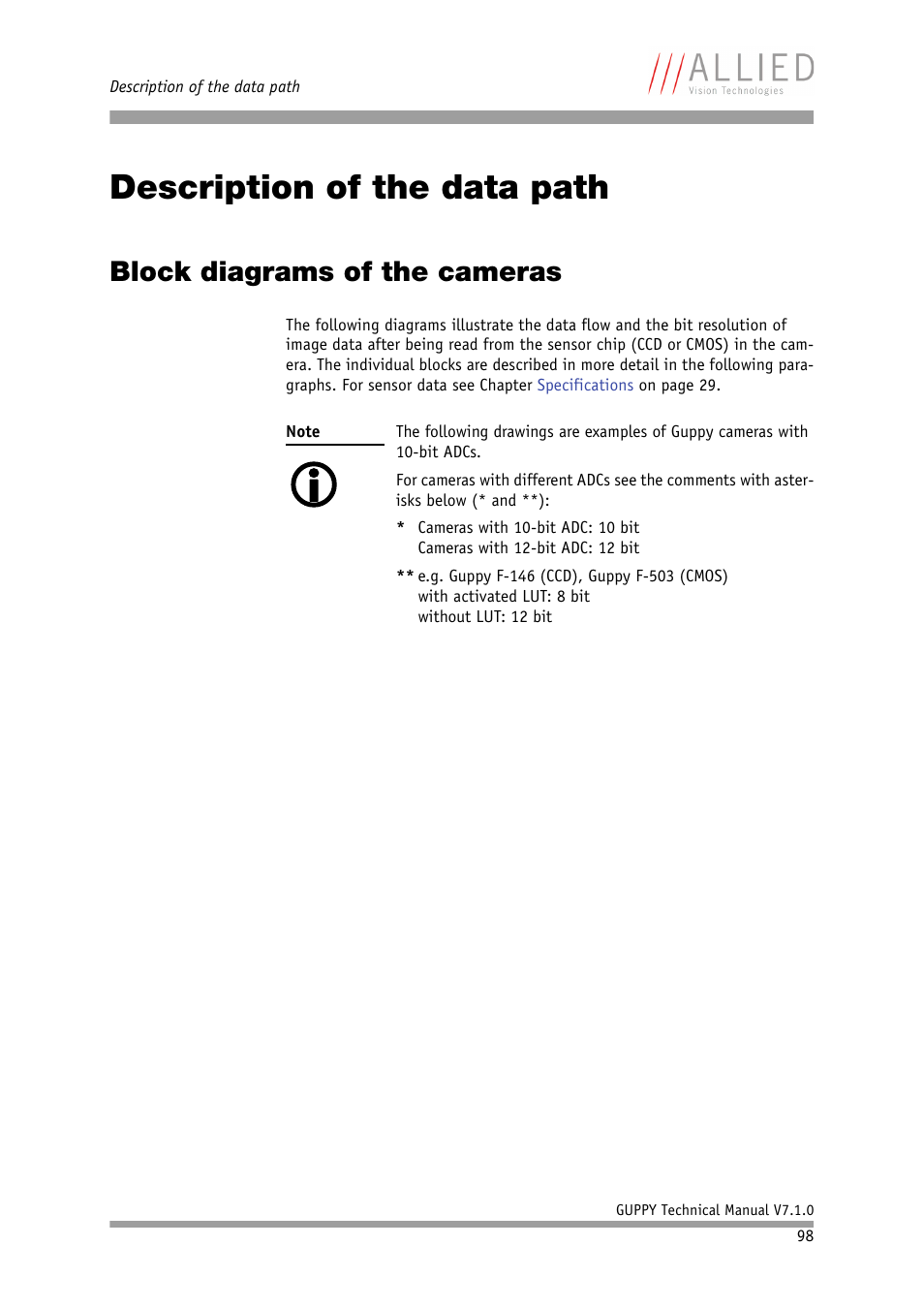 Description of the data path, Block diagrams of the cameras, Ised chapter | Chapter | ALLIED Vision Technologies Guppy F-503 User Manual | Page 98 / 293