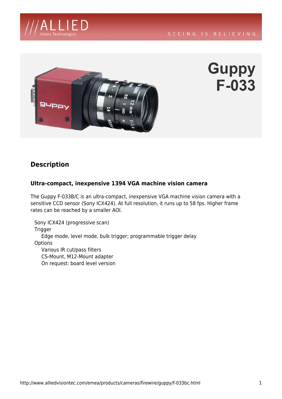 ALLIED Vision Technologies Guppy F-033 User Manual | 4 pages