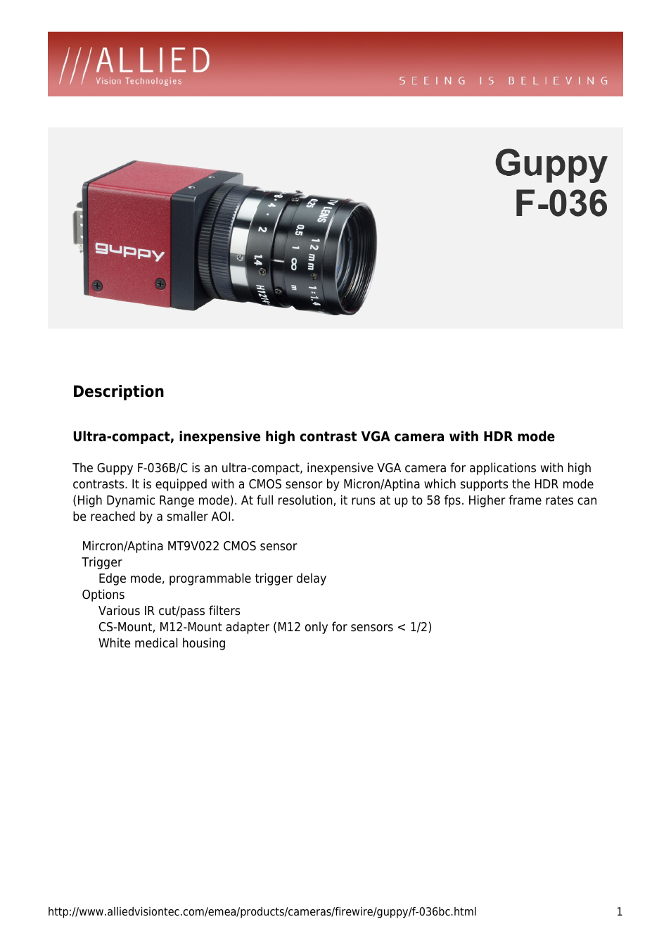 ALLIED Vision Technologies Guppy F-036 User Manual | 4 pages