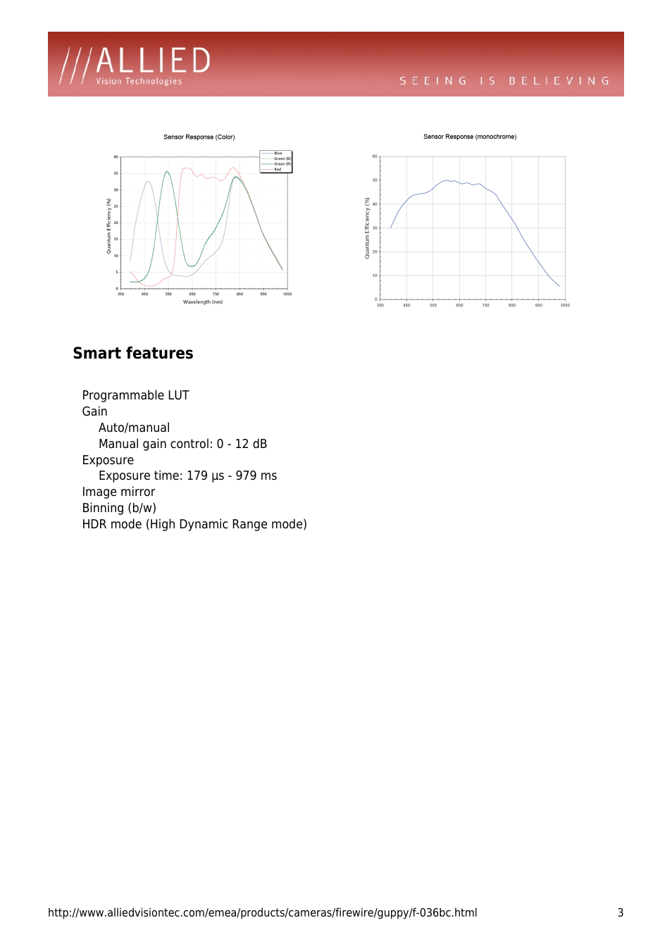 Smart features, Programmable lut, Gain | Auto/manual, Manual gain control: 0 - 12 db, Exposure, Image mirror, Binning (b/w), Hdr mode (high dynamic range mode) | ALLIED Vision Technologies Guppy F-036 User Manual | Page 3 / 4