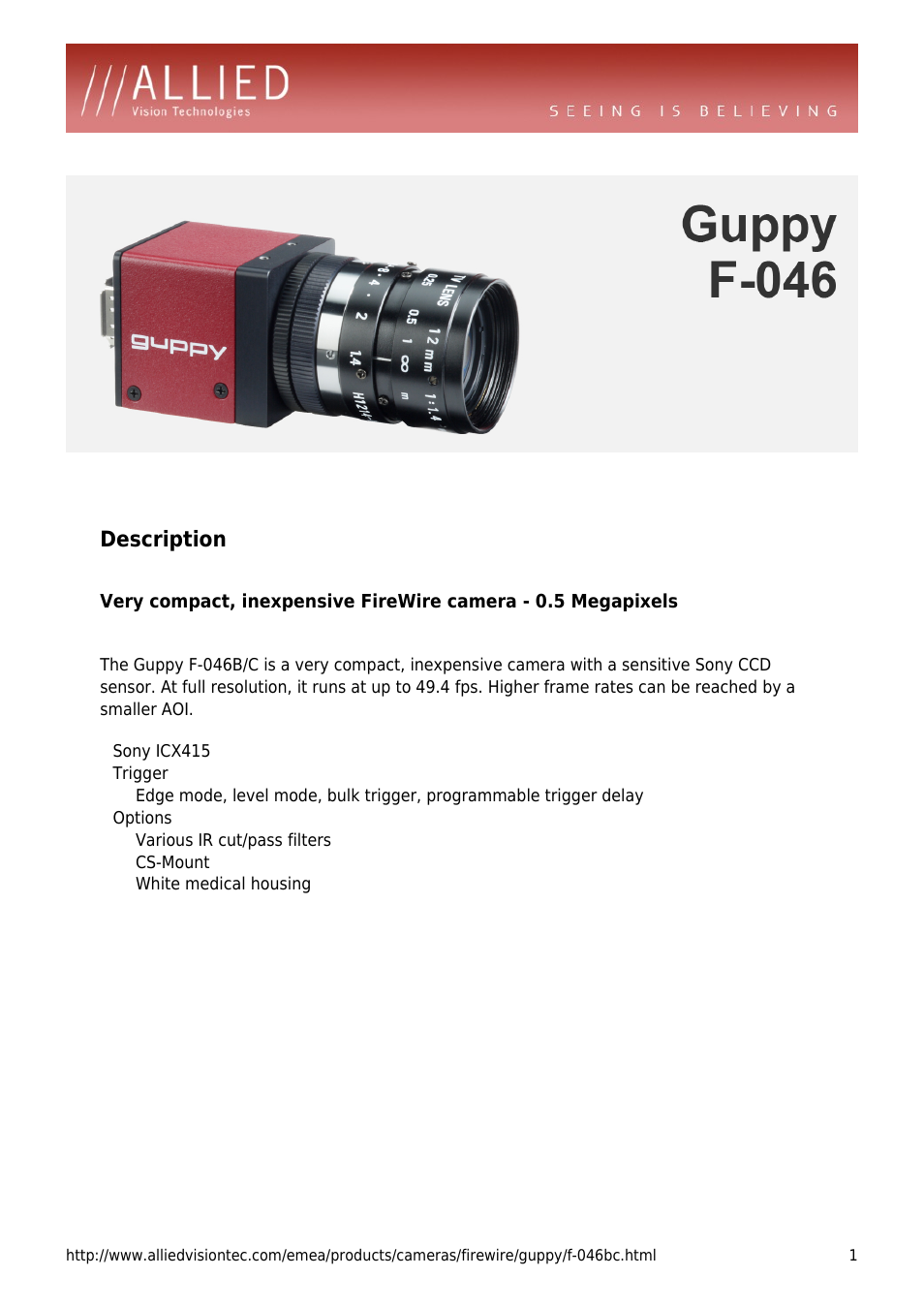 ALLIED Vision Technologies Guppy F-046 User Manual | 4 pages