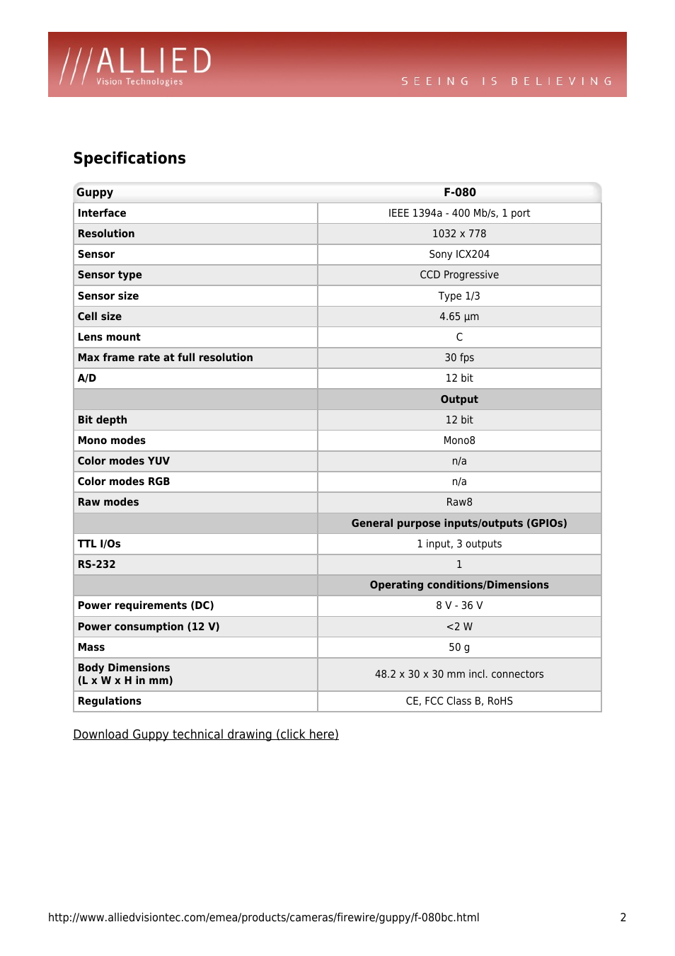Specifications | ALLIED Vision Technologies Guppy F-080 User Manual | Page 2 / 4