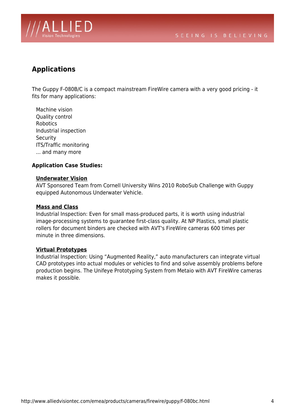 Applications, Quality control, Robotics | Industrial inspection, Security, Its/traffic monitoring, And many more, Application case studies: underwater vision | ALLIED Vision Technologies Guppy F-080 User Manual | Page 4 / 4