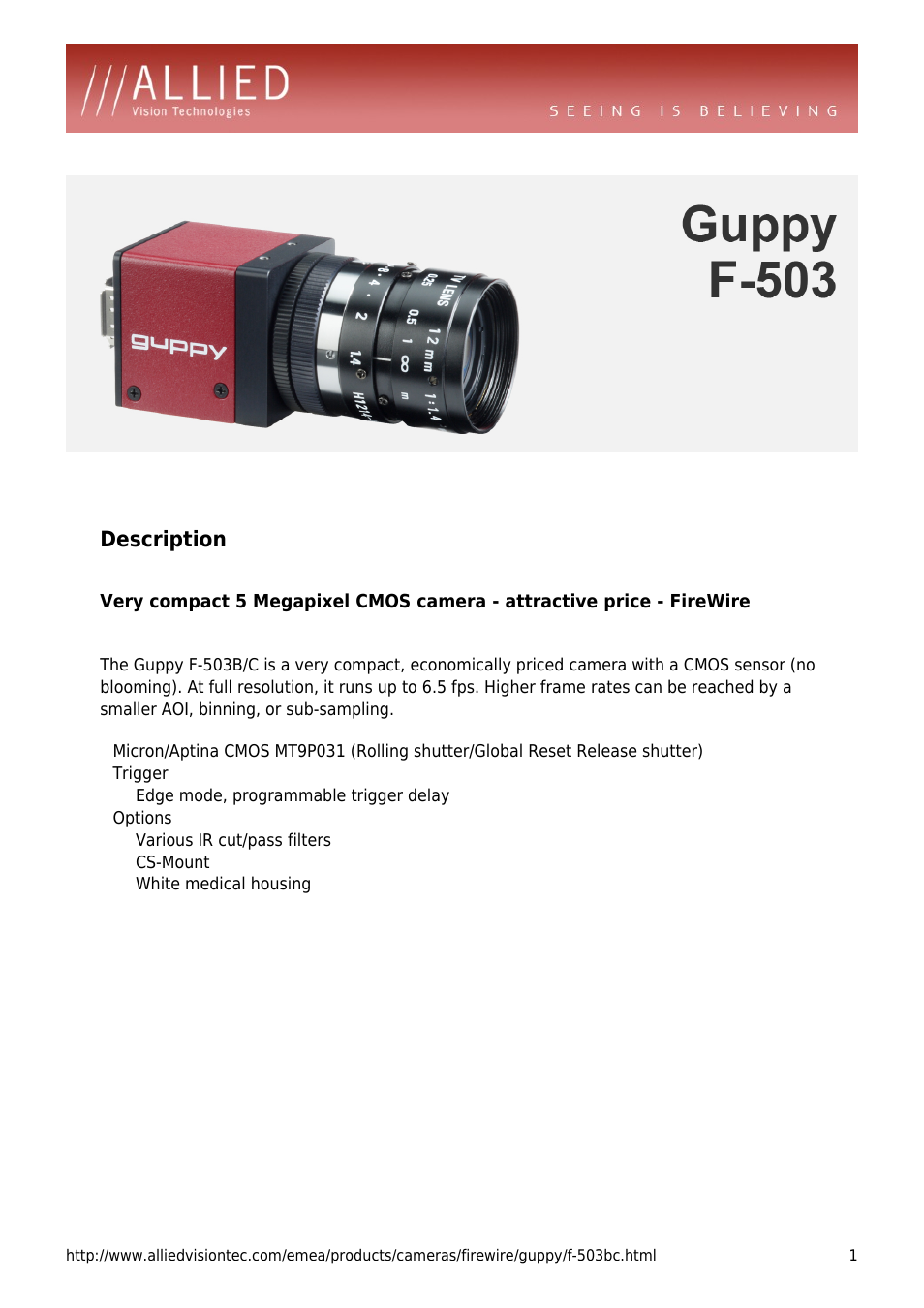 ALLIED Vision Technologies Guppy F-503 User Manual | 4 pages