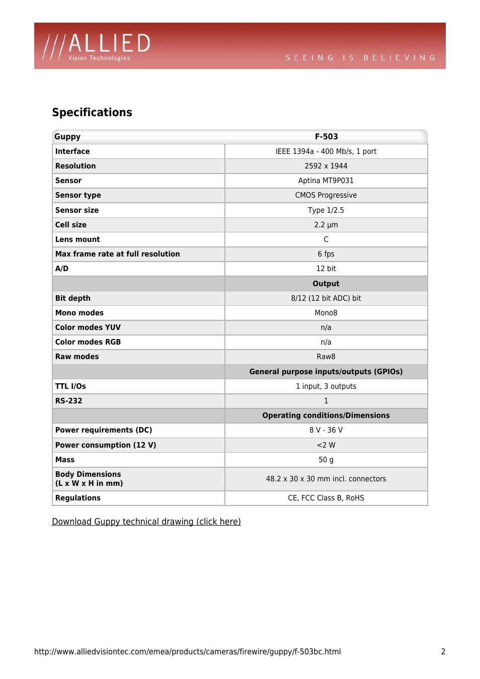 Specifications | ALLIED Vision Technologies Guppy F-503 User Manual | Page 2 / 4