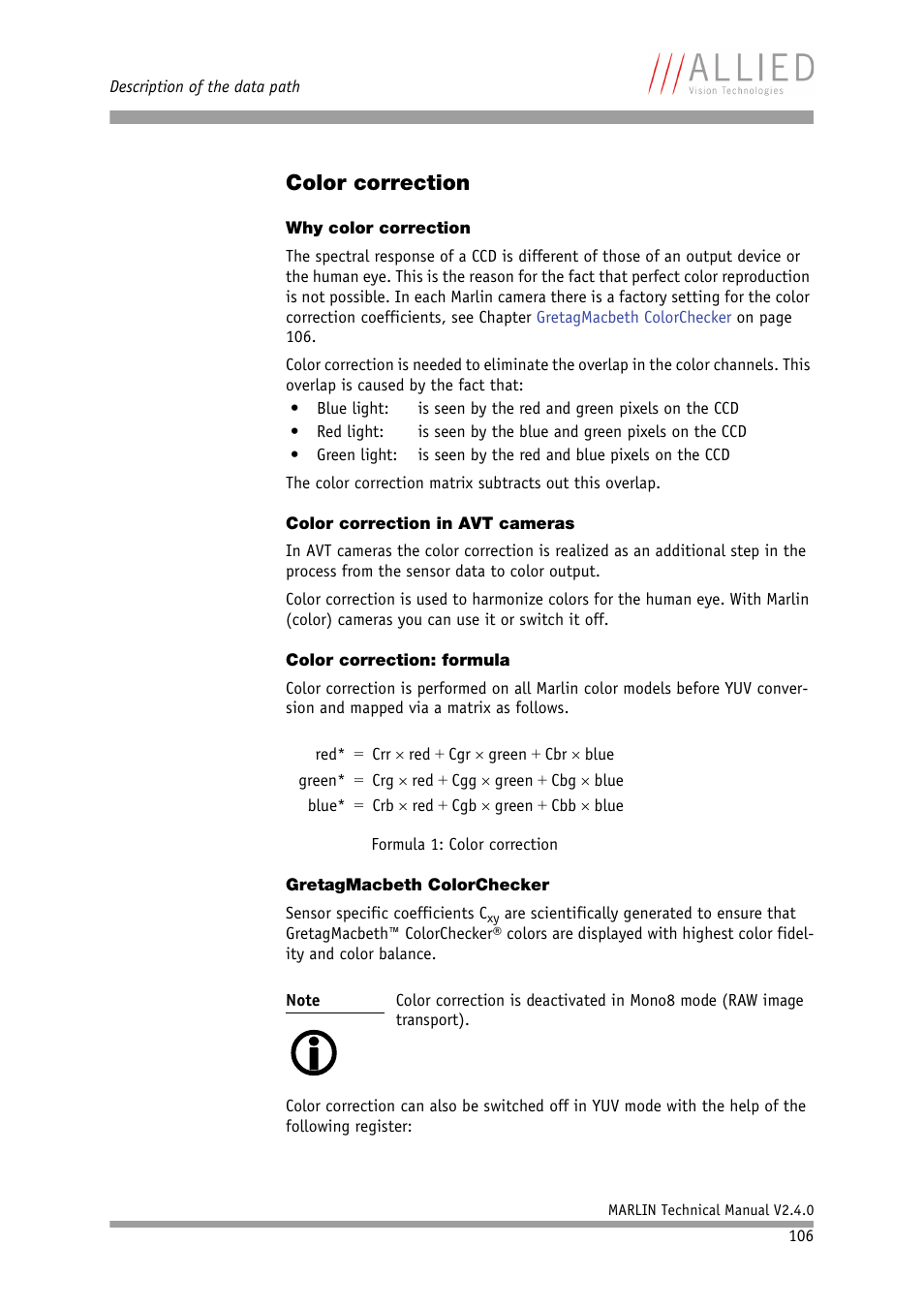 Color correction, Why color correction, Color correction in avt cameras | Color correction: formula, Gretagmacbeth colorchecker | ALLIED Vision Technologies Marlin F-201 User Manual | Page 106 / 247