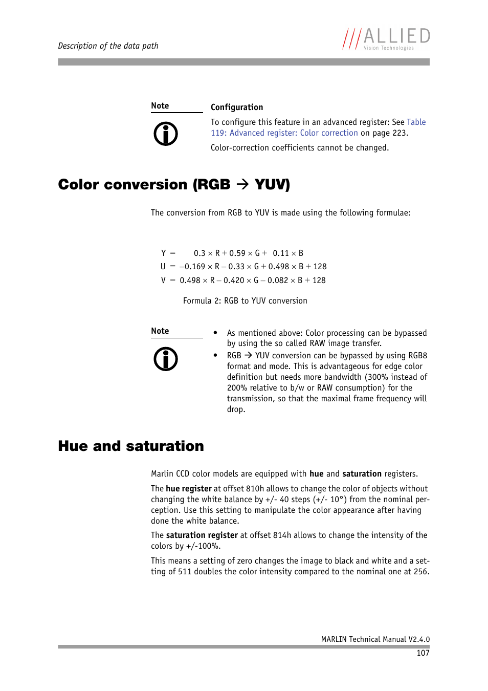 Color conversion (rgb ‡ yuv), Hue and saturation, Color conversion (rgb | Color conversion (rgb yuv) | ALLIED Vision Technologies Marlin F-201 User Manual | Page 107 / 247