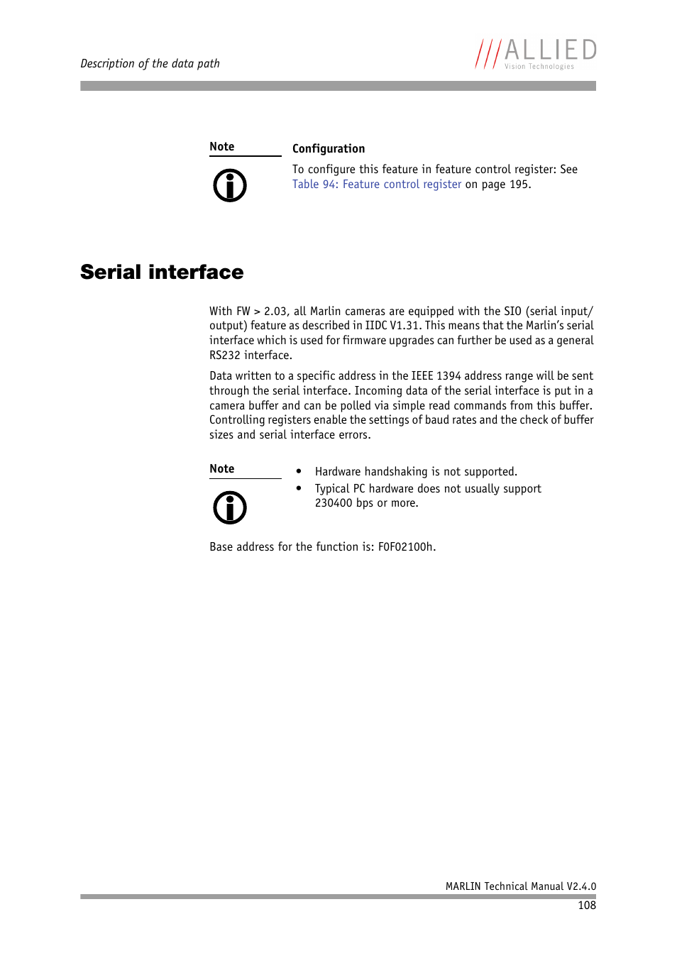 Serial interface | ALLIED Vision Technologies Marlin F-201 User Manual | Page 108 / 247