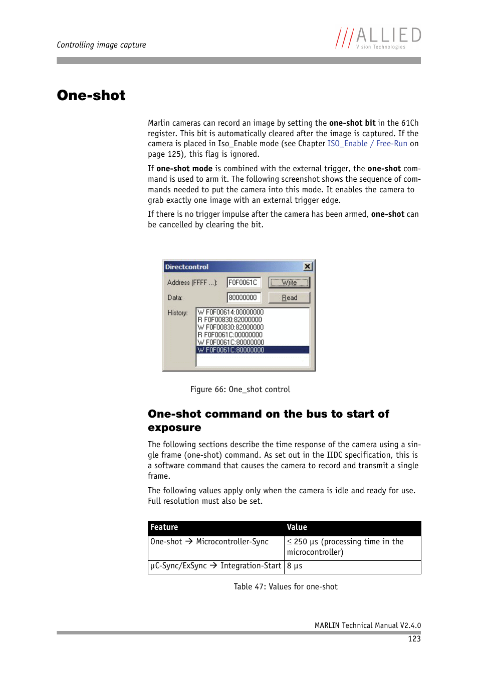 One-shot, One-shot command on the bus to start of exposure | ALLIED Vision Technologies Marlin F-201 User Manual | Page 123 / 247