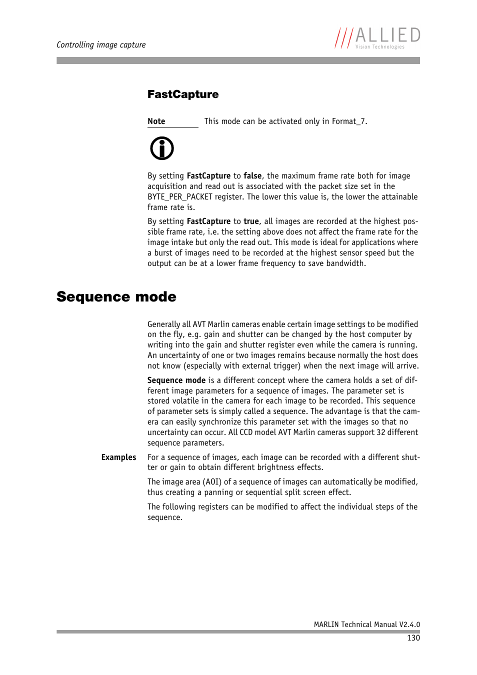 Fastcapture, Sequence mode | ALLIED Vision Technologies Marlin F-201 User Manual | Page 130 / 247