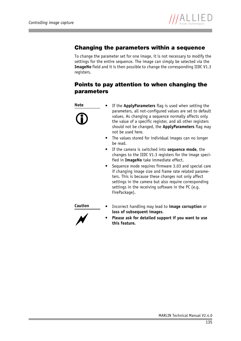 Changing the parameters within a sequence | ALLIED Vision Technologies Marlin F-201 User Manual | Page 135 / 247