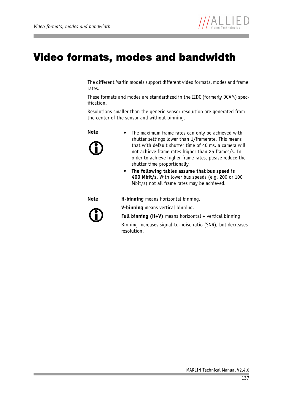 Video formats, modes and bandwidth, Di (chapter, Video formats, modes and band | Width, Chapter, Listed in chapter | ALLIED Vision Technologies Marlin F-201 User Manual | Page 137 / 247