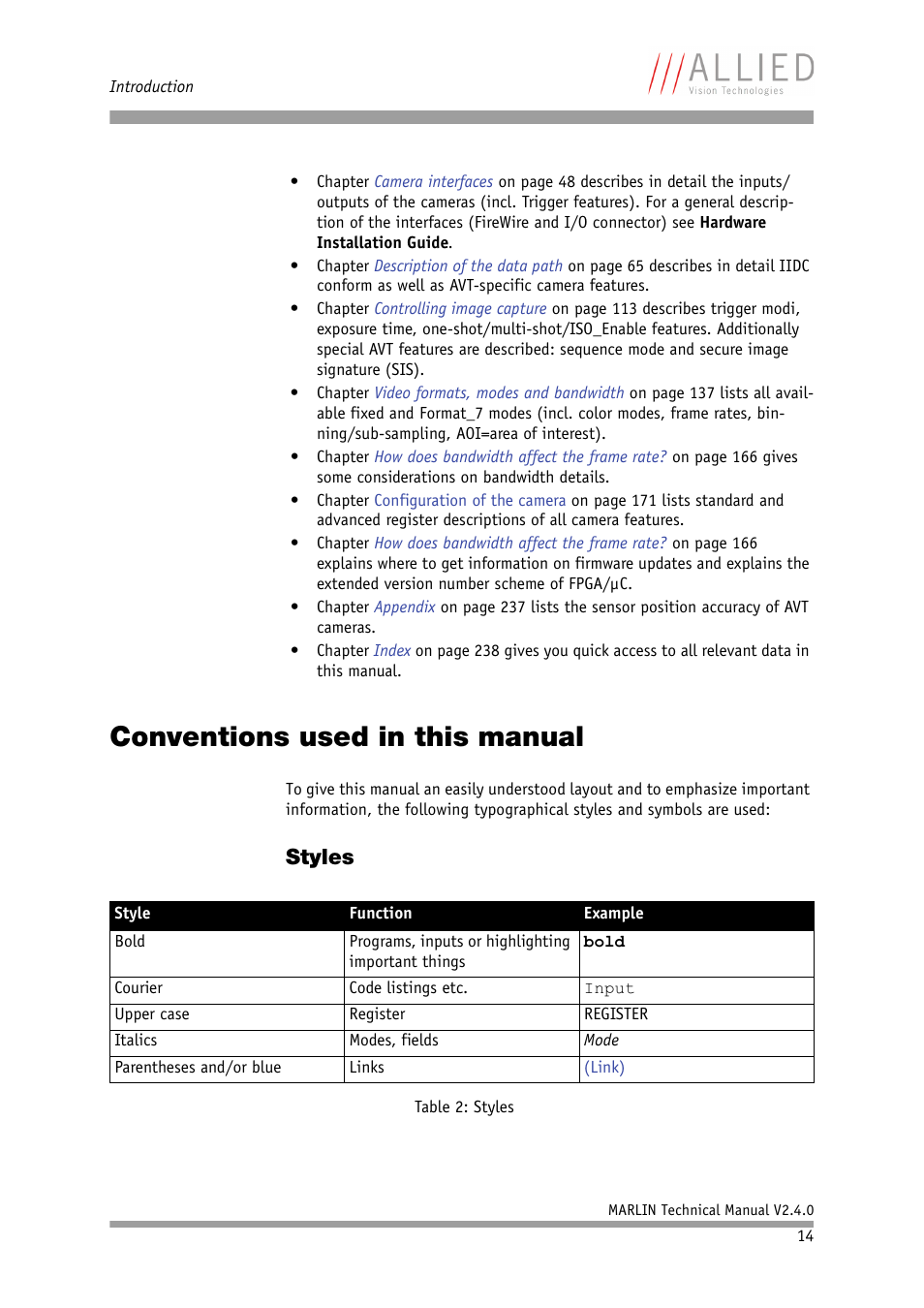 Conventions used in this manual, Styles | ALLIED Vision Technologies Marlin F-201 User Manual | Page 14 / 247