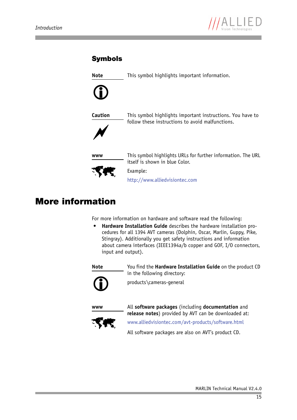 Symbols, More information | ALLIED Vision Technologies Marlin F-201 User Manual | Page 15 / 247