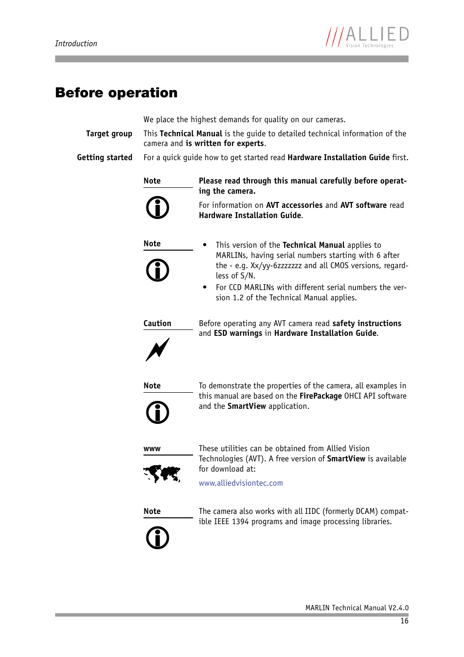Before operation | ALLIED Vision Technologies Marlin F-201 User Manual | Page 16 / 247