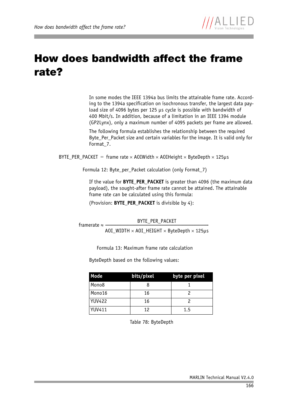 How does bandwidth affect the frame rate, Chapter, How does bandwidth affect the frame | Rate | ALLIED Vision Technologies Marlin F-201 User Manual | Page 166 / 247