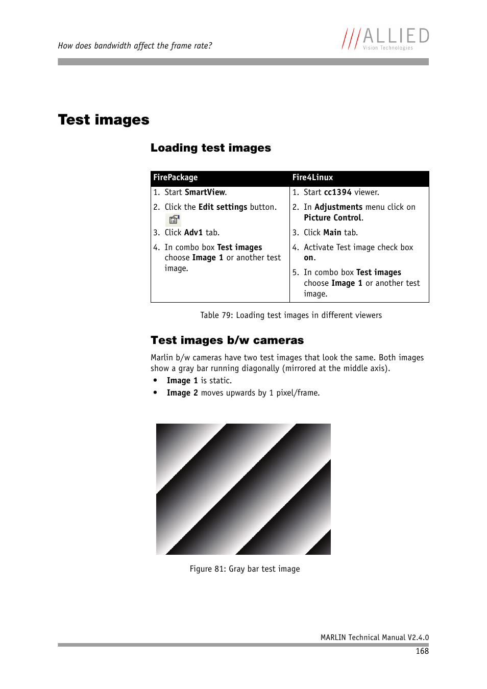 Test images, Loading test images, Test images b/w cameras | Loading test images test images b/w cameras | ALLIED Vision Technologies Marlin F-201 User Manual | Page 168 / 247