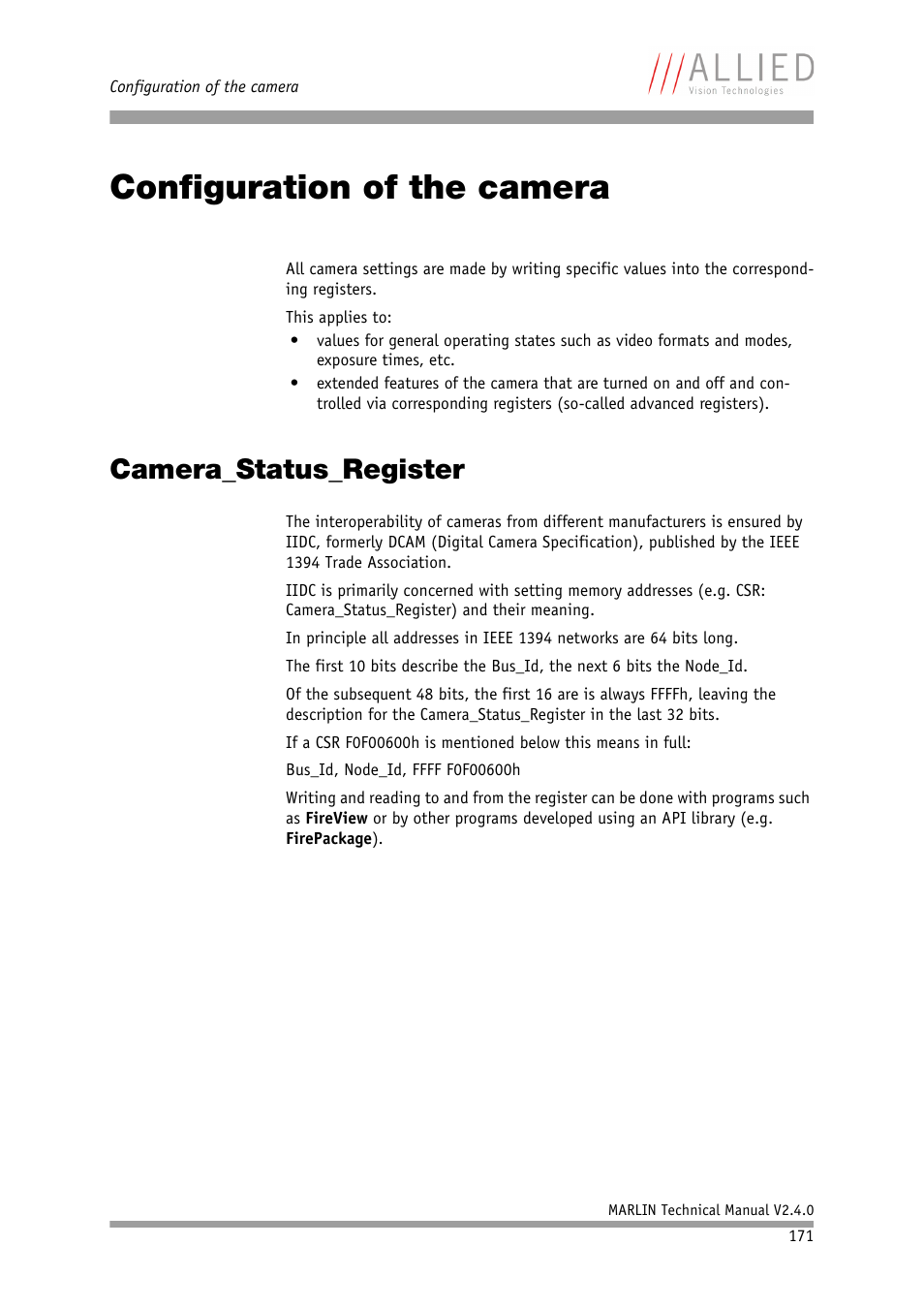 Configuration of the camera, Camera_status_register, Chapter | ALLIED Vision Technologies Marlin F-201 User Manual | Page 171 / 247