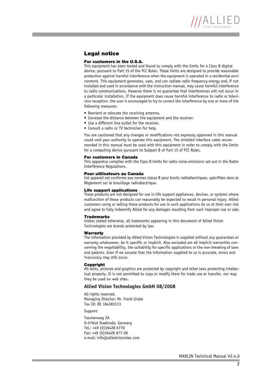 Legal notice | ALLIED Vision Technologies Marlin F-201 User Manual | Page 2 / 247