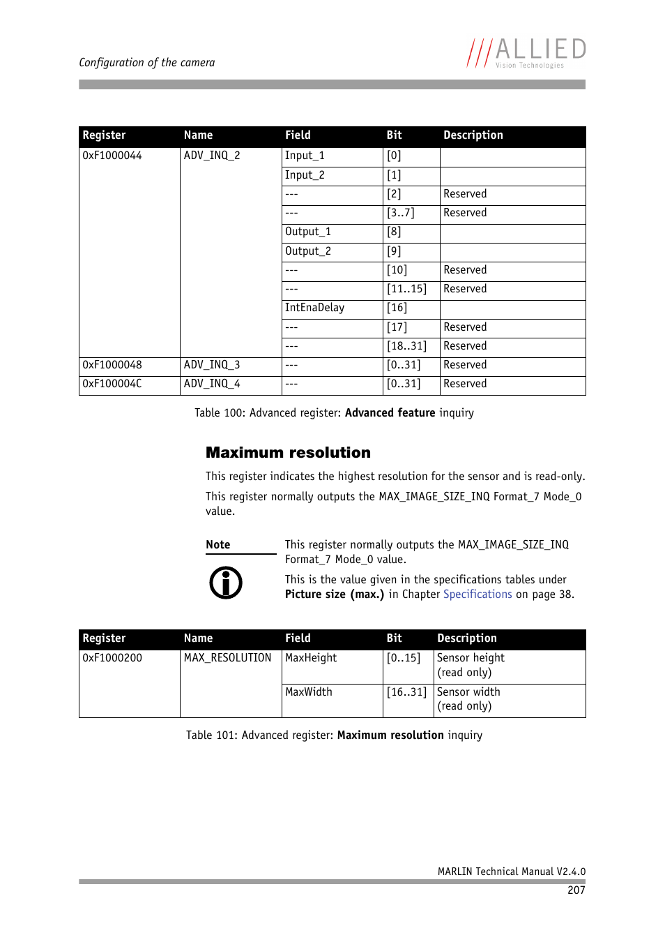 Maximum resolution, Table 101: advanced register: maximum reso, Lution inquiry | ALLIED Vision Technologies Marlin F-201 User Manual | Page 207 / 247