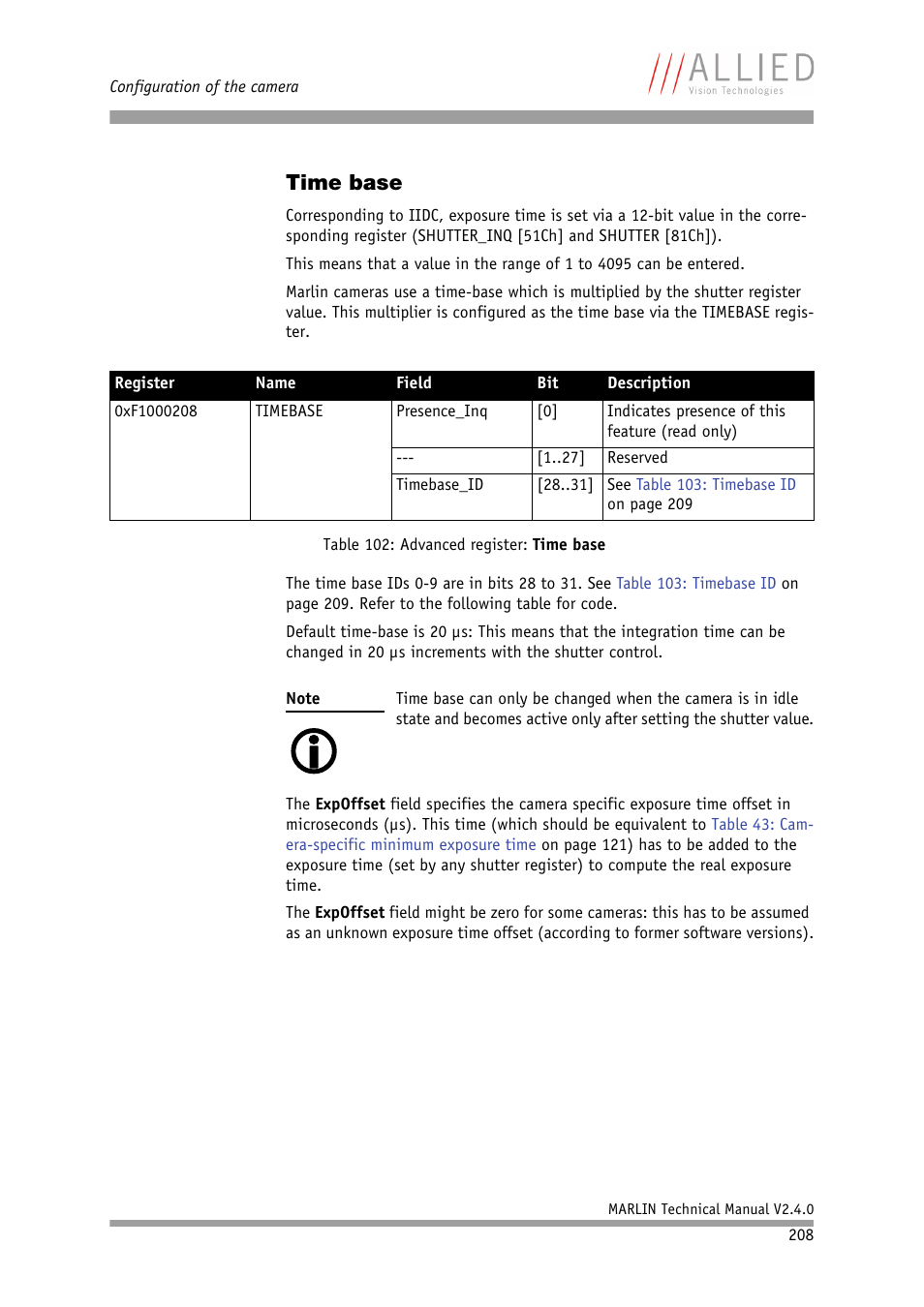 Time base, Table 102: advanced register: time base | ALLIED Vision Technologies Marlin F-201 User Manual | Page 208 / 247
