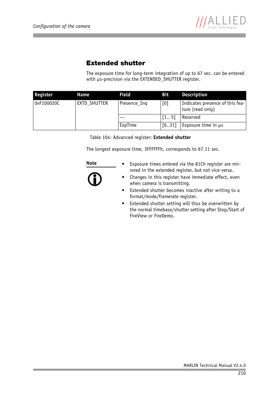 Extended shutter, Table 104: advanced register: extended shut | ALLIED Vision Technologies Marlin F-201 User Manual | Page 210 / 247