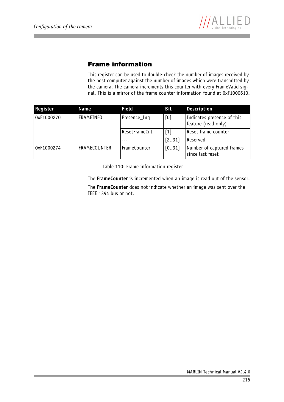 Frame information, Table 110: frame information register | ALLIED Vision Technologies Marlin F-201 User Manual | Page 216 / 247