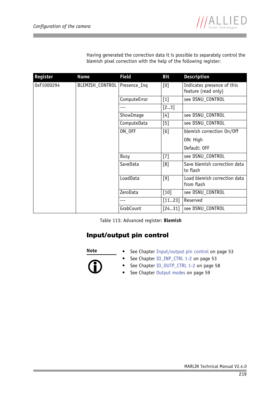 Input/output pin control, Table 113: advanced register: blemish | ALLIED Vision Technologies Marlin F-201 User Manual | Page 219 / 247