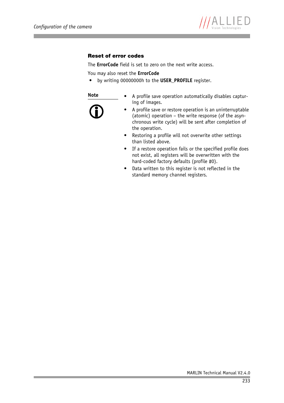 Reset of error codes | ALLIED Vision Technologies Marlin F-201 User Manual | Page 233 / 247