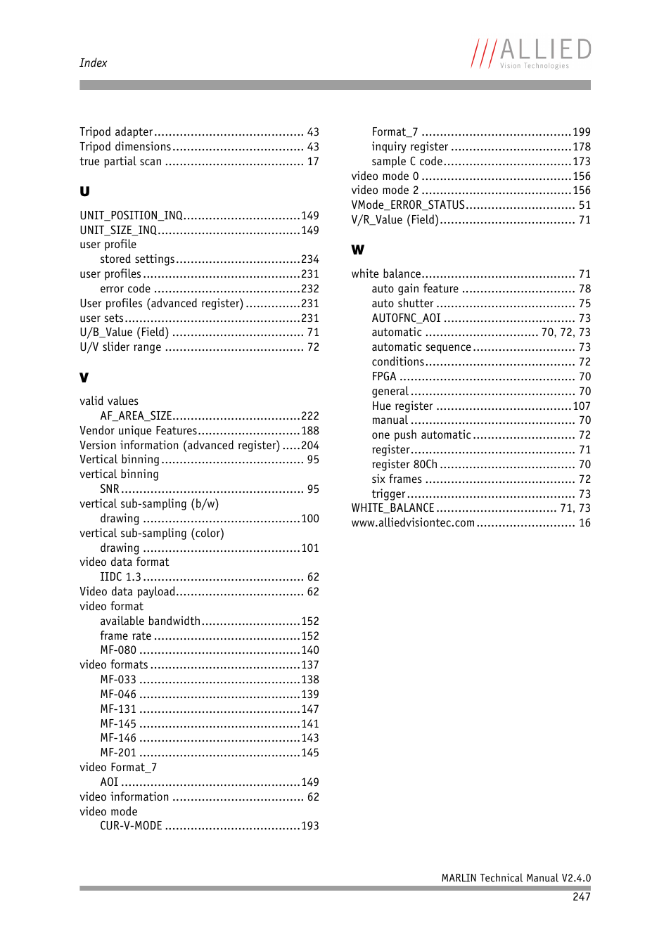 ALLIED Vision Technologies Marlin F-201 User Manual | Page 247 / 247