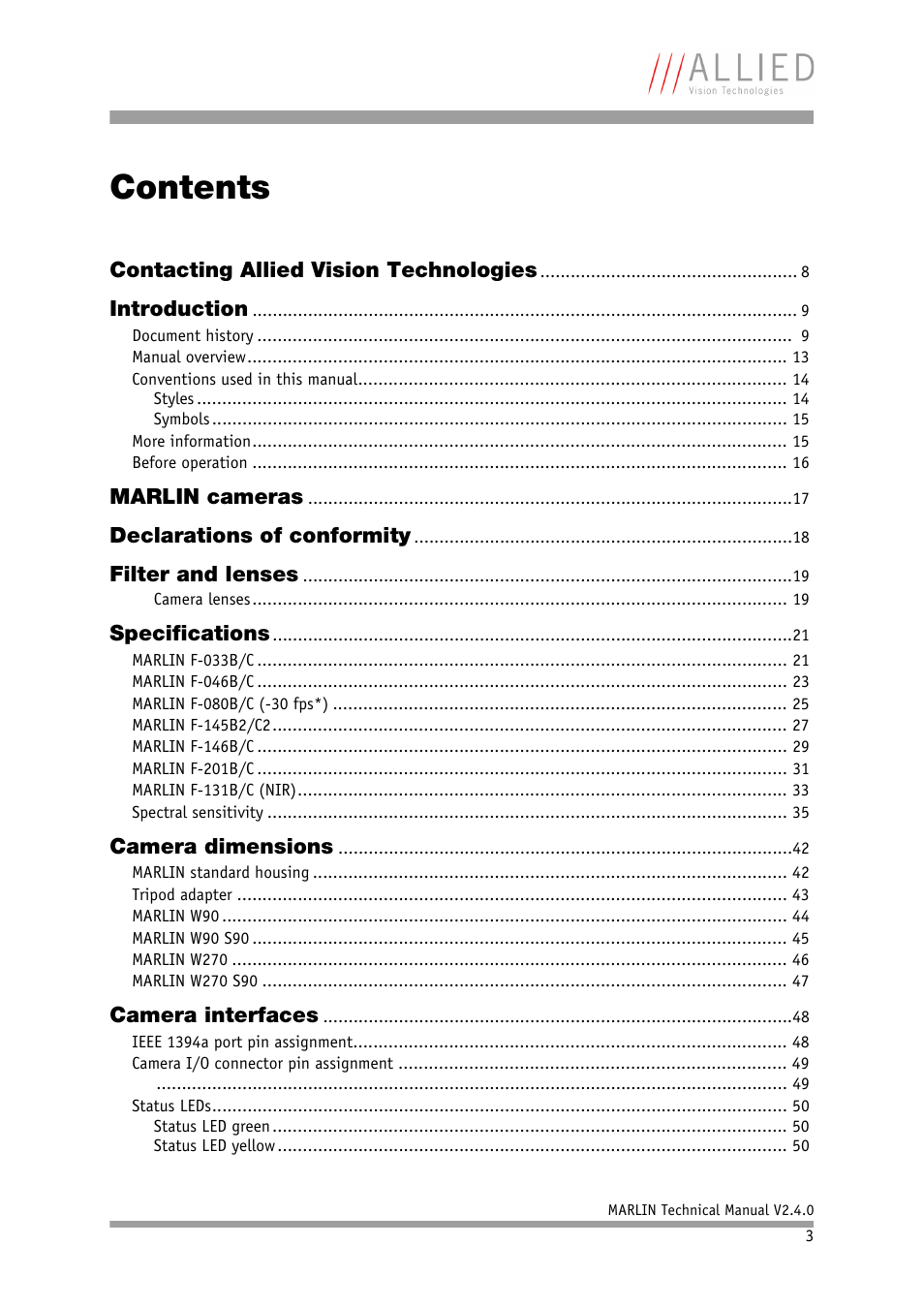 ALLIED Vision Technologies Marlin F-201 User Manual | Page 3 / 247