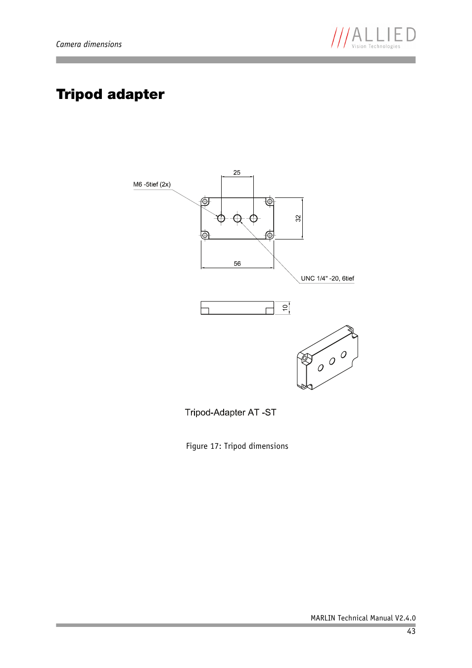 Tripod adapter | ALLIED Vision Technologies Marlin F-201 User Manual | Page 43 / 247