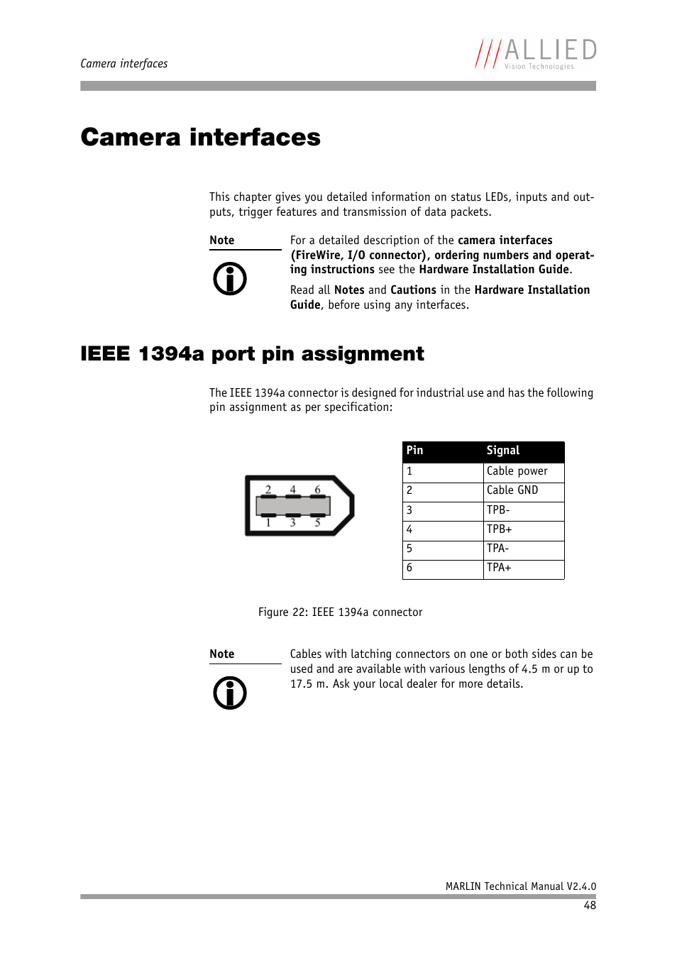 Camera interfaces, Ieee 1394a port pin assignment, Chapter | ALLIED Vision Technologies Marlin F-201 User Manual | Page 48 / 247