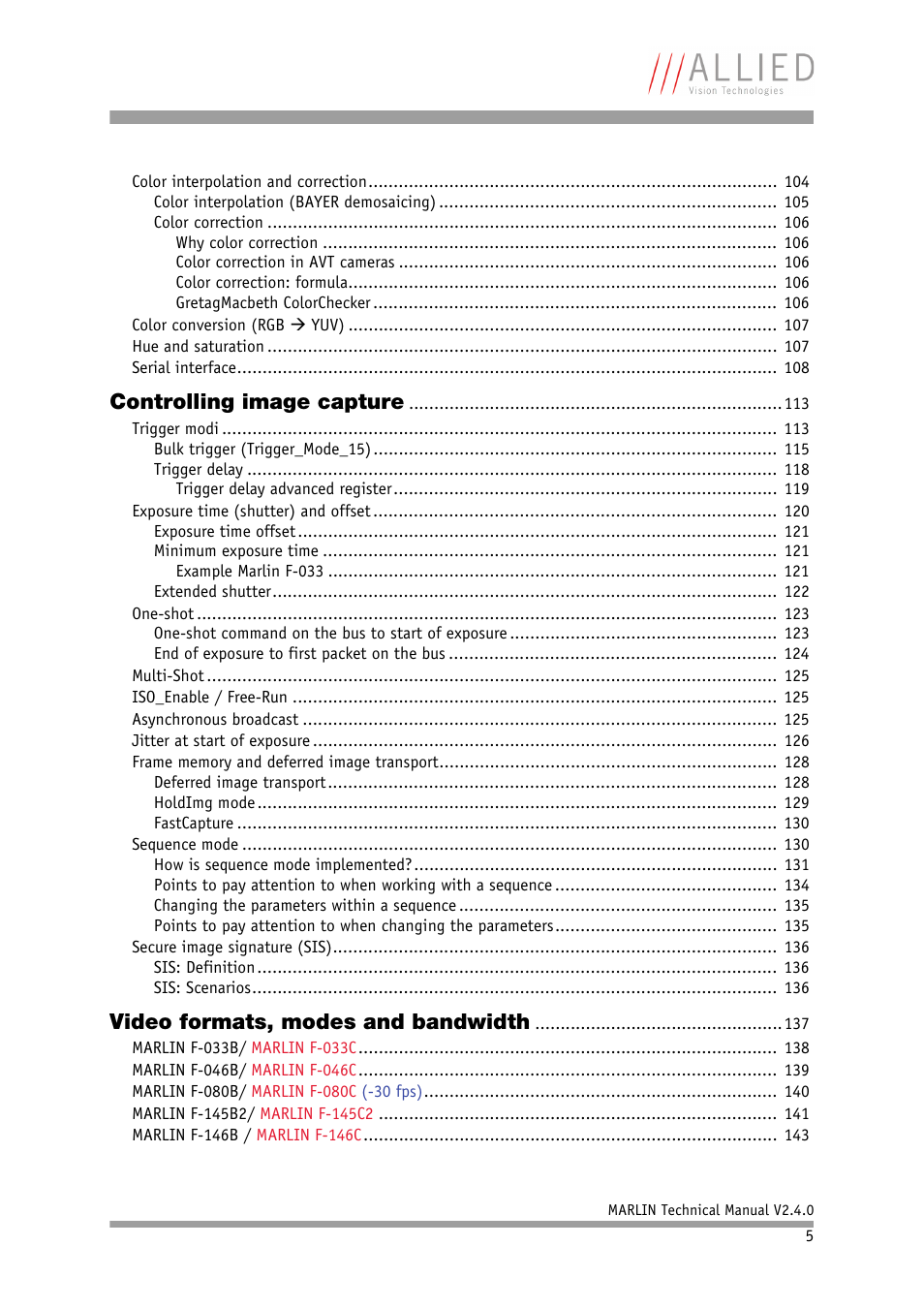Controlling image capture, Video formats, modes and bandwidth | ALLIED Vision Technologies Marlin F-201 User Manual | Page 5 / 247