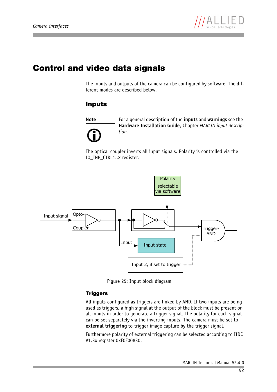 Control and video data signals, Inputs, Triggers | ALLIED Vision Technologies Marlin F-201 User Manual | Page 52 / 247
